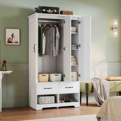 LIKIMIO 3 Doors Armoire Wardrobe Closet with Mirror, 2 Shoe Racks, 70" H Wooden Bedroom Armoires with 2 Drawers and Adjustable Shelves, Freestanding Closet Storage Cabinet with Hanging Rail, White