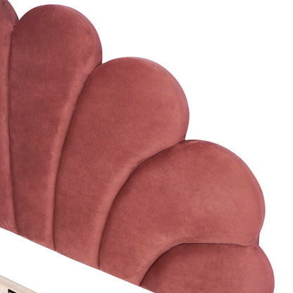 Merax Full Size Upholstered Platform Bed Wooden Frame with Flower Pattern Velvet Headboard for Bedroom,Boys Girls,Bean Paste Red