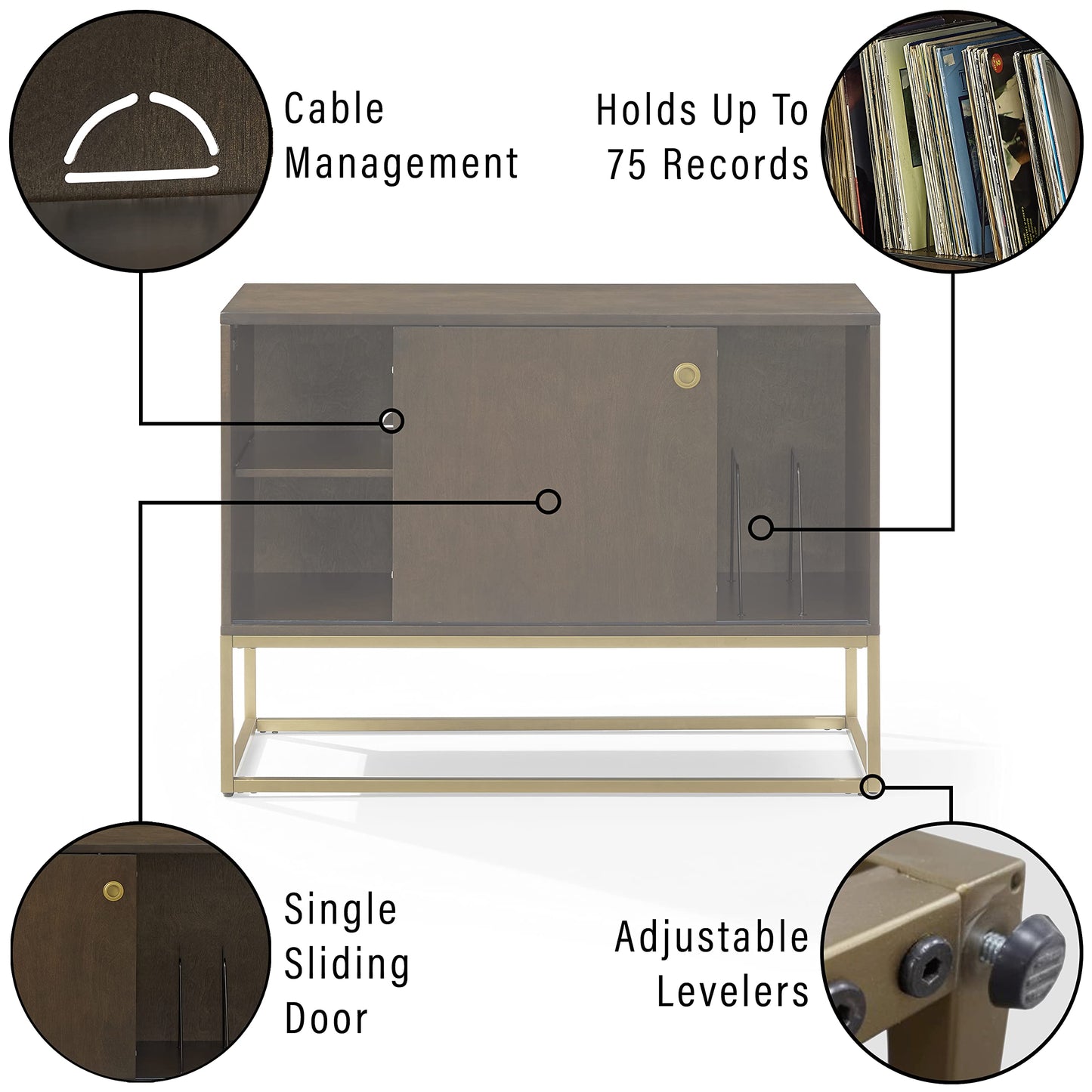 Crosley Furniture Byron Media Console and Record Player Stand with Storage for Vinyl Records, Dark Brown/Gold