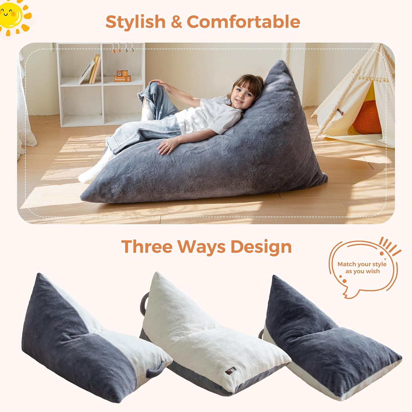 MAXYOYO Kids Bean Bag Chair, Stuffed Bean Bag with Handle for Boys and Girls, Two-Tone Design Child Lazy Chair