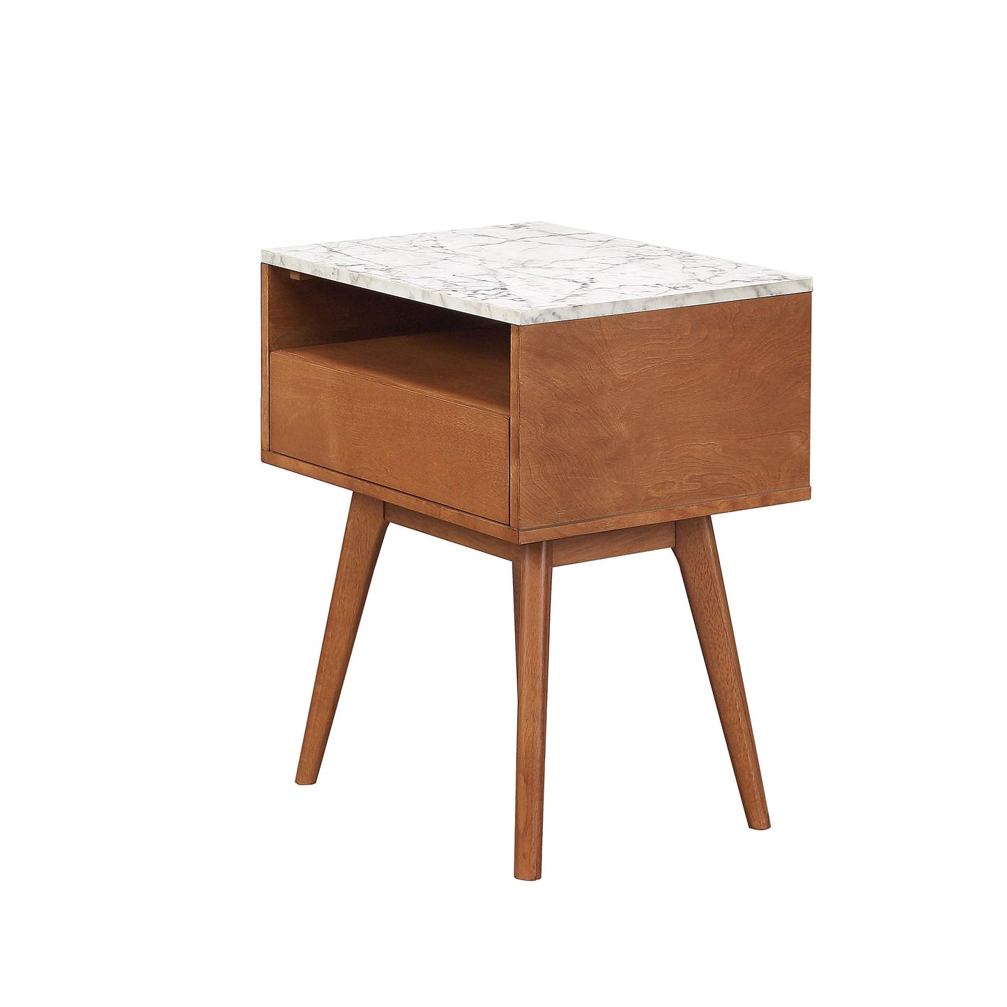 Nathan James Mid-Century James Faux White Marble Accent Side or End Table with Walnut Finish and Marble Table-top with Storage, White/Brown, Set of 2