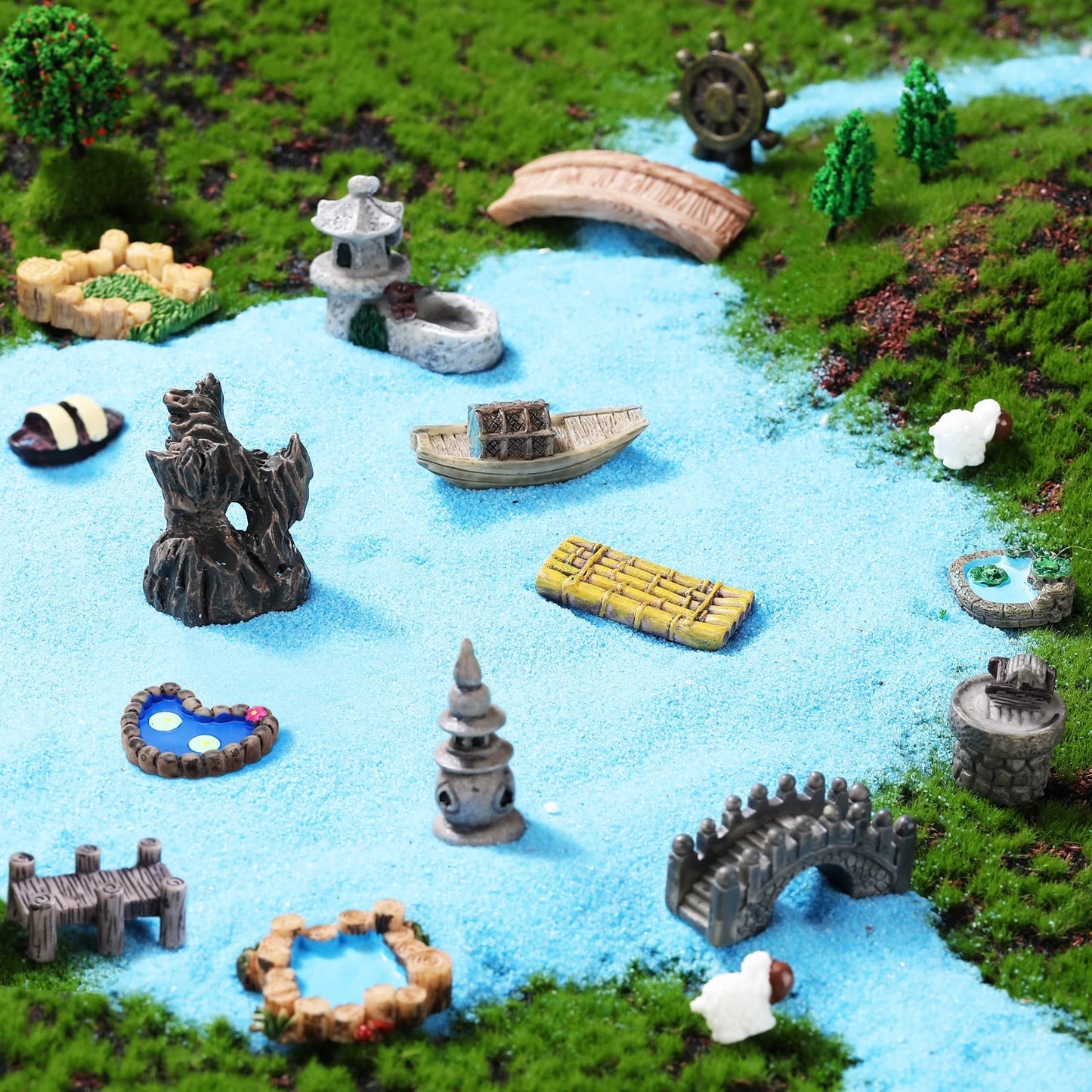 Meooeck 24 Pcs Miniature Garden Accessories Mini Fairy Bridge Figurines Pond Garden Decor Micro Landscape Lighthouse Water Well Ornament for Yard DIY Craft Dollhouse