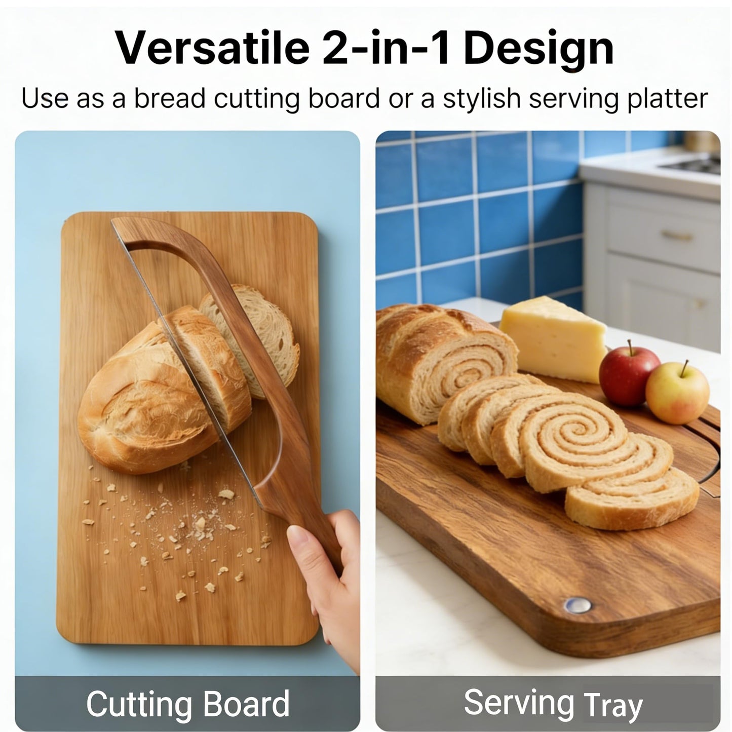 Bread Bow Knife 8 Inch, Wood Manual Bread Slicer, Stainless Steel Cutter With Matching Crumb Tray, Breads Serving Tray Set, Ergonomic Slicing Kitchen Tool for Home Bagels French Baguettes