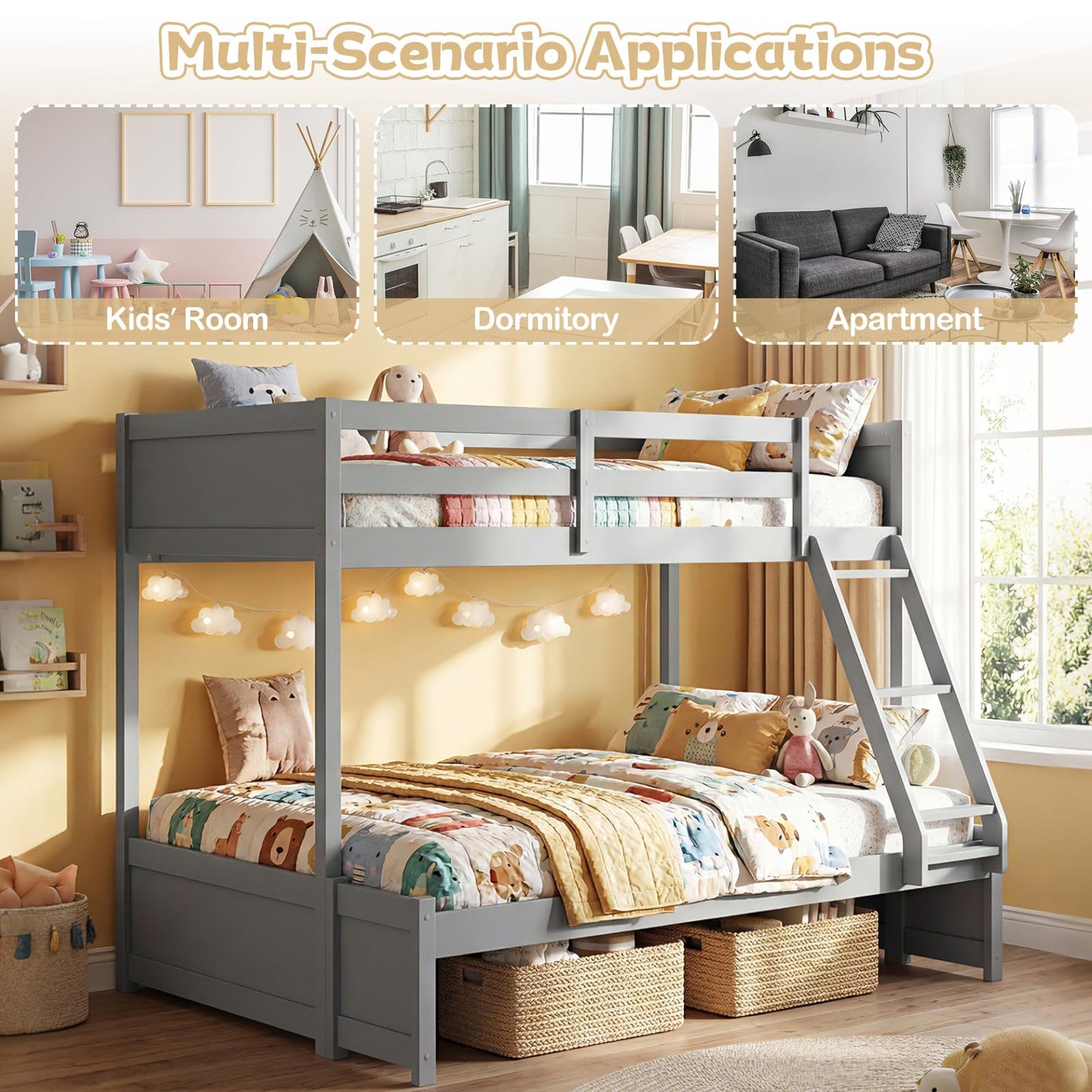 Giantex Twin Over Fulll Bunk Bed, Wood Bunk Bed with Full-Length Guardrails, Ladder, Under-Bed Storage Space for Dormitory, Bedroom, Apartment, Two Bed Frame with Slats for Teens, Kids, Adults, Grey