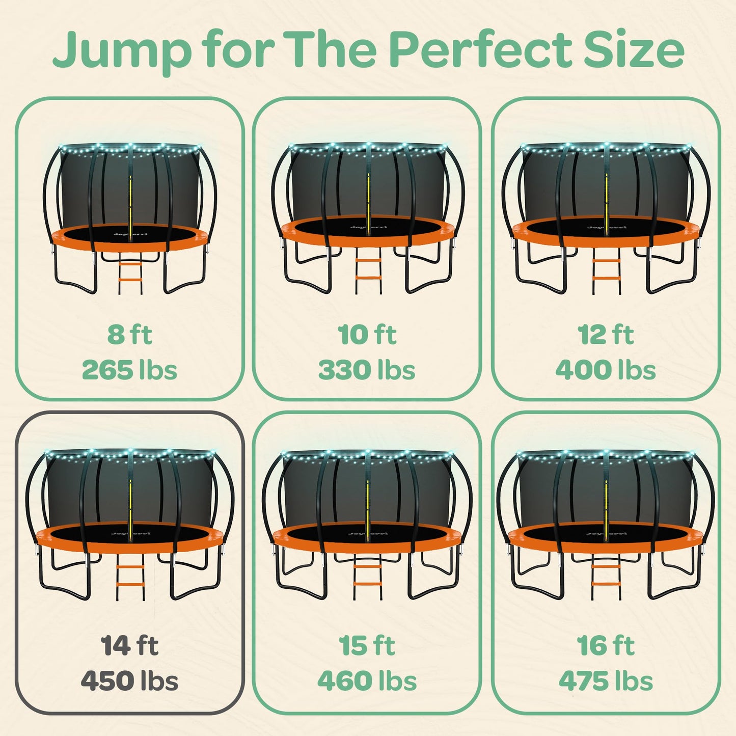 JoyBerri Trampoline Outdoor - Upsurge ASTM Certified Safe 8Ft 10Ft 12Ft 14Ft 15Ft 16Ft Recreational Trampoline for Kids and Adults. Anti-Rust Coating with Enclosure Net, Ladder, Sprinkler & LED Lights