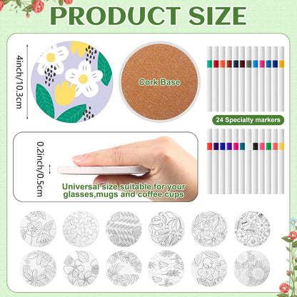 12 12 Potchen Pcs Flower Coasters Color Your Own Coaster Ceramic DIY Kits for Adults Absorbent Spring Floral Drink