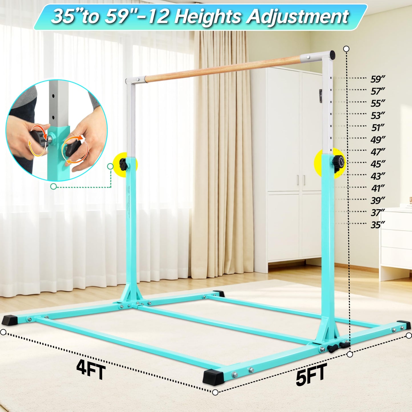 Seliyoo Foldable Kids Gymnastics Horizontal Bar for Ages 3-18, 5FT/6FT Kip Training Bar, Adjustable Height 35"-59", 400 LBS Capacity, Home Gymnastics Equipment for Kids & Teens