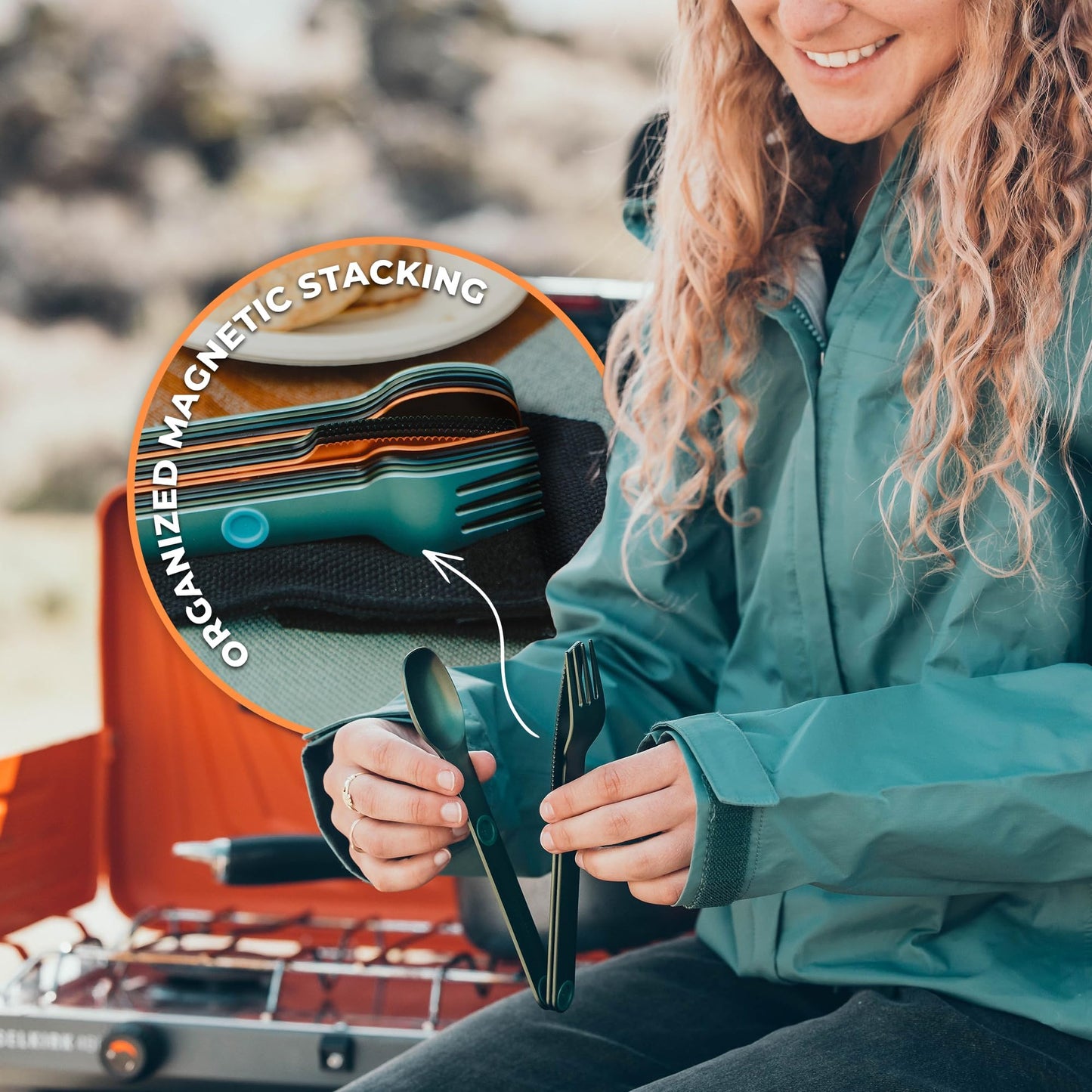 FULL WINDSOR - MAGWARE Magnetic Camping Cutlery Set - Travel Utensils for Camping, Cooking, and Outdoor Dining - Knife, Fork & Spoon - Portable Silverware with Pouch - Green (3 PCS)