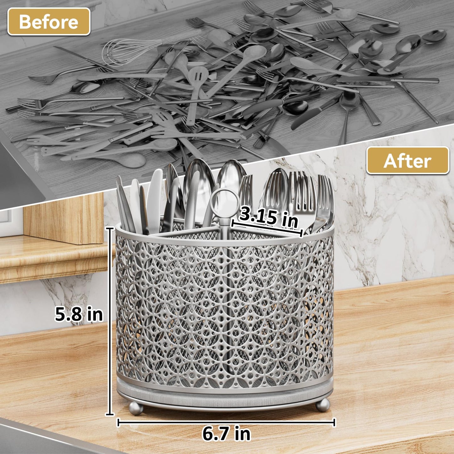 Rotating Utensil Holder for Kitchen - Silverware Caddy Fast-Drying Flatware Organizer 4 Compartment Large Cutlery Holder Utensils Caddy with Handle For Kitchen Countertop Party Picnic Table Silver
