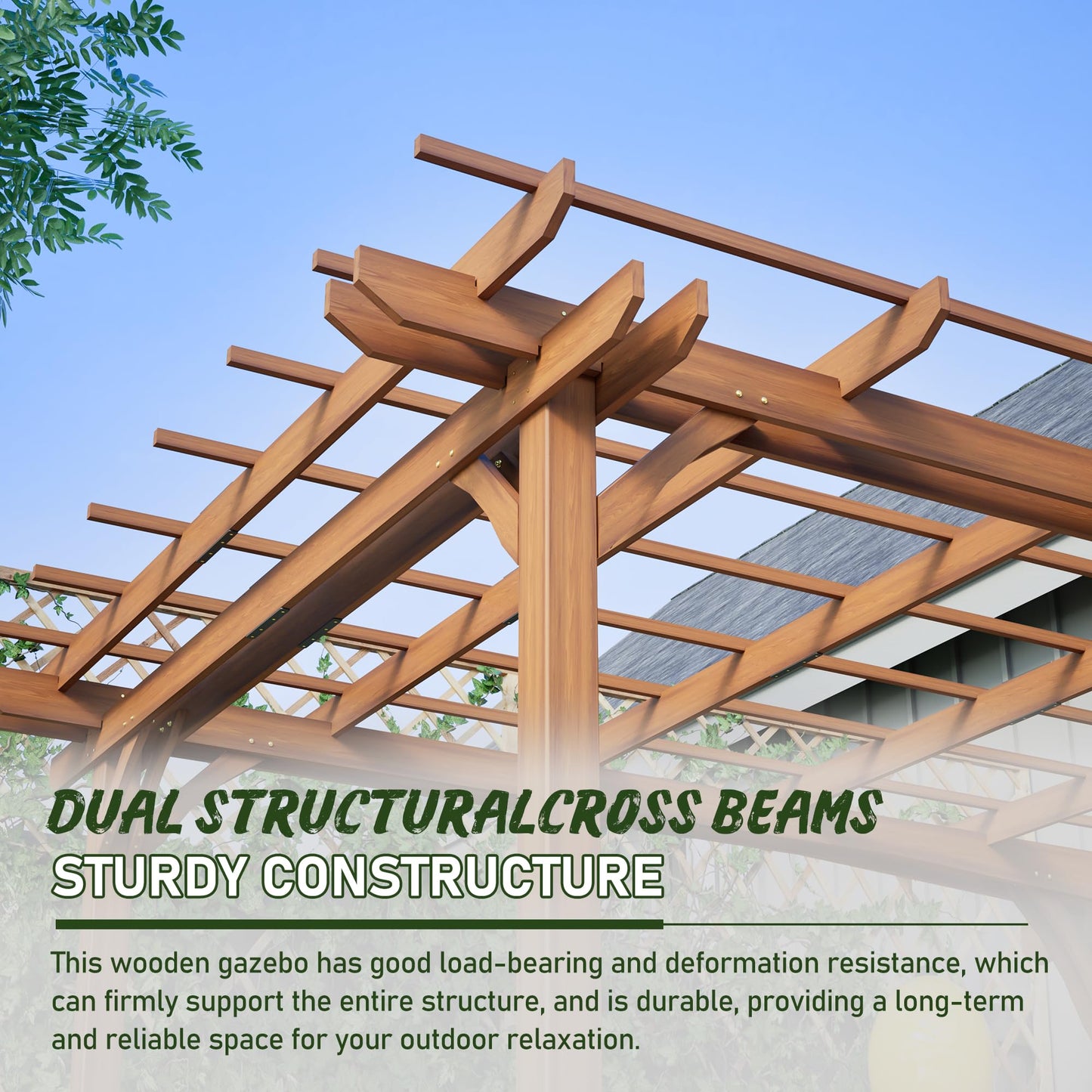 Outdoor Wooden Pergola, Fir Wood, 12x10 Ft, for Patio, Backyard, Garden, Lawn, Natural Brown