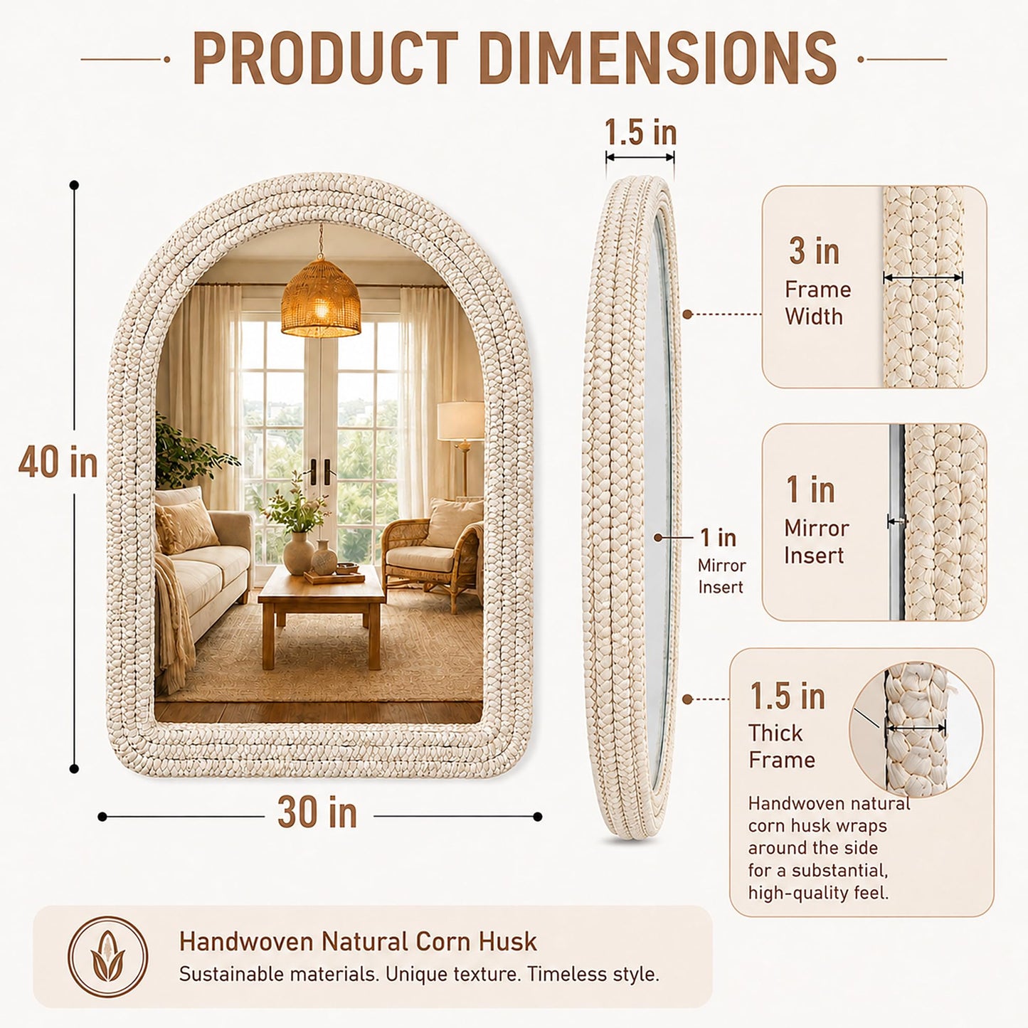CAVINHOME 30" x 40" Arched Wall Mirror, Handwoven Natural Corn Husk Fiber with Light Whitewashed Finish, Warm Boho Coastal Style for Entryway, Bedroom, Living Room, Vertical Hanging