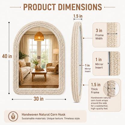 CAVINHOME 30" x 40" Arched Wall Mirror, Handwoven Natural Corn Husk Fiber with Light Whitewashed Finish, Warm Boho Coastal Style for Entryway, Bedroom, Living Room, Vertical Hanging