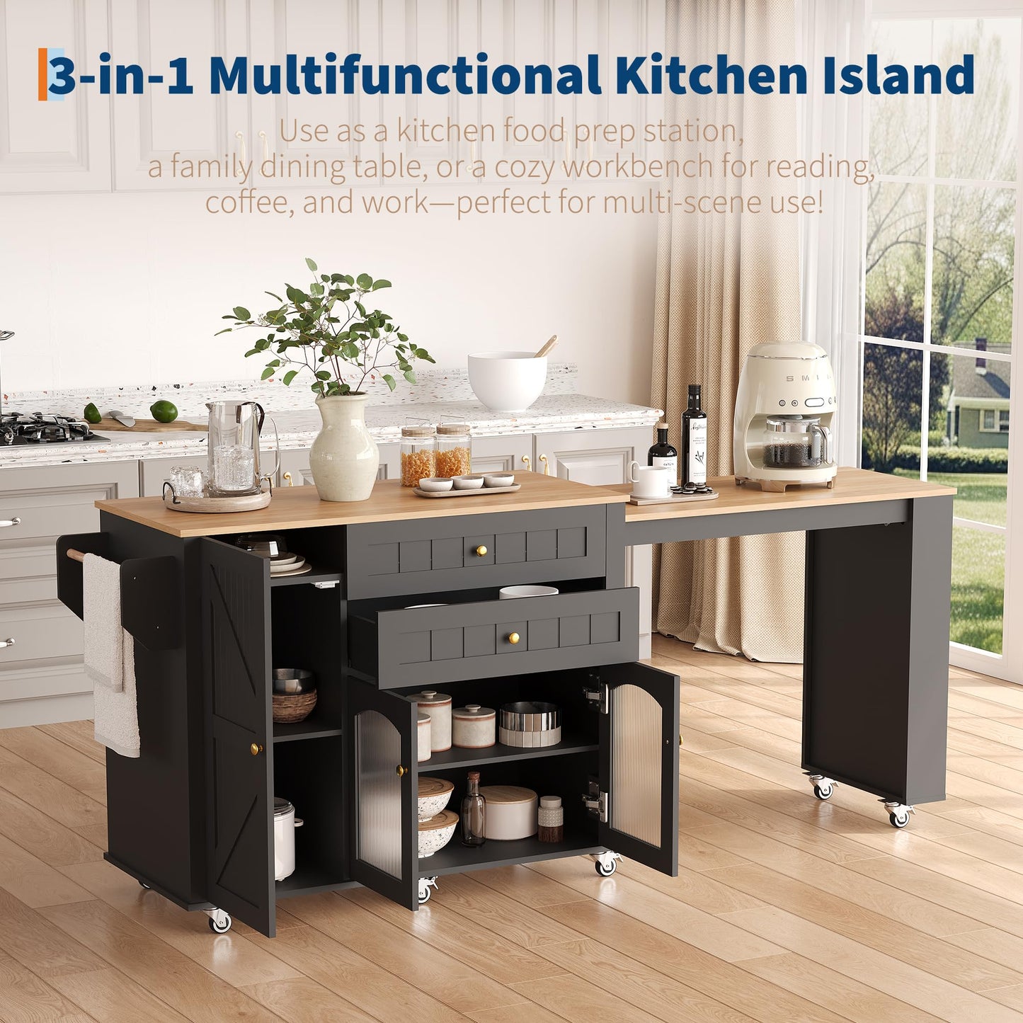 78.3” Rolling Kitchen Island with Extendable Table, Storage Cabinet, Drawers & Shelves, White Modern Mobile Island Cart on Wheels, Farmhouse Wood Island Table for Kitchen, Dining Room, Home Bar