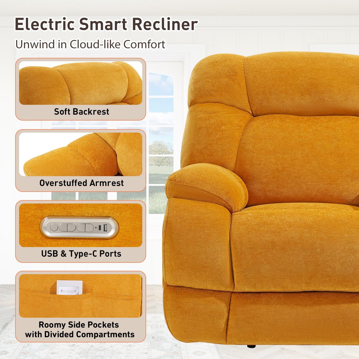 EONIX Dual Motor Zero Gravity Power Recliner Chair with Heat and Massage, 400lbs Lay Flat Recliner Sofa Chair with Extended Footrest, Cozy Padding and Cushion, SXXY007032, Orange