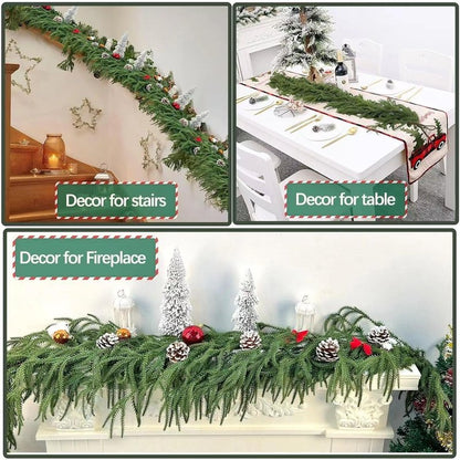 2Pcs 6FT Artificial Norfolk Pine Garlands, Real Touch Winter Christmas Pine Tree Wreath, Green Artificial Greenery Garland for Christmas Holiday Seasonal Indoor Home Decor Mantle