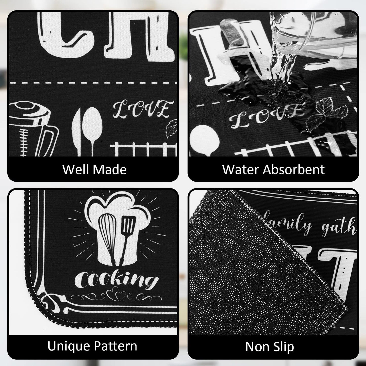Sinmoe 3 Pcs Kitchen Rug Set Non Skid Thick Black Kitchen Rugs and Mats Stain Resistant Anti Fatigue Mats for Microfiber Floor Non Slip Backing Mat, 15.7" x 47.2", 15.7" x 23.6"