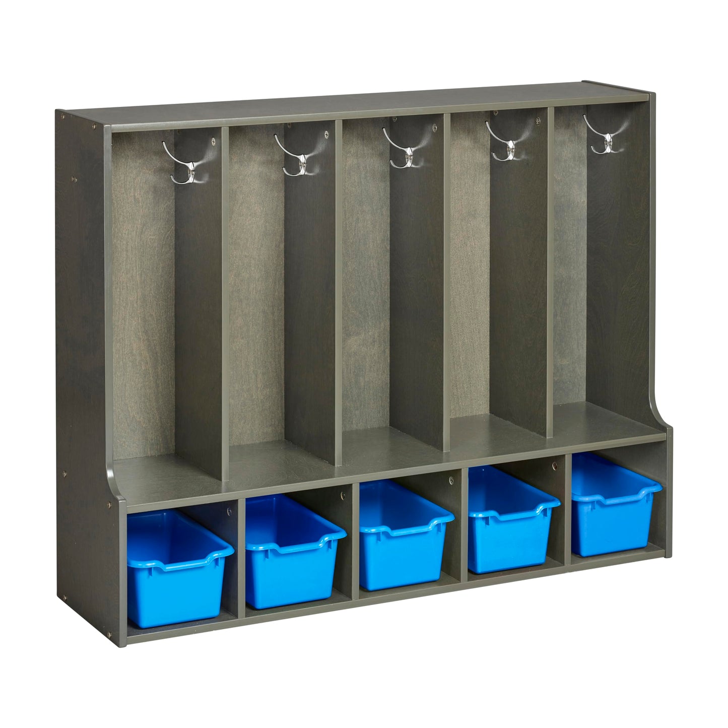 ECR4Kids Streamline 5-Section Coat Locker with Bench and Scoop Front Storage Bins, Toddler Size, Grey Wash, Classroom Furniture, Blue