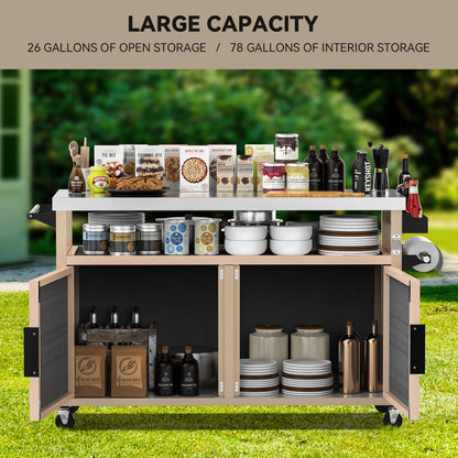 Skyflame Outdoor BBQ Storage Cabinet with Wheels, XL Stainless Steel Tabletop Grill Cart for Food Prep, Portable Kitchen Island Grilling Accessory for Patio, Backyard, Home Party, Bar