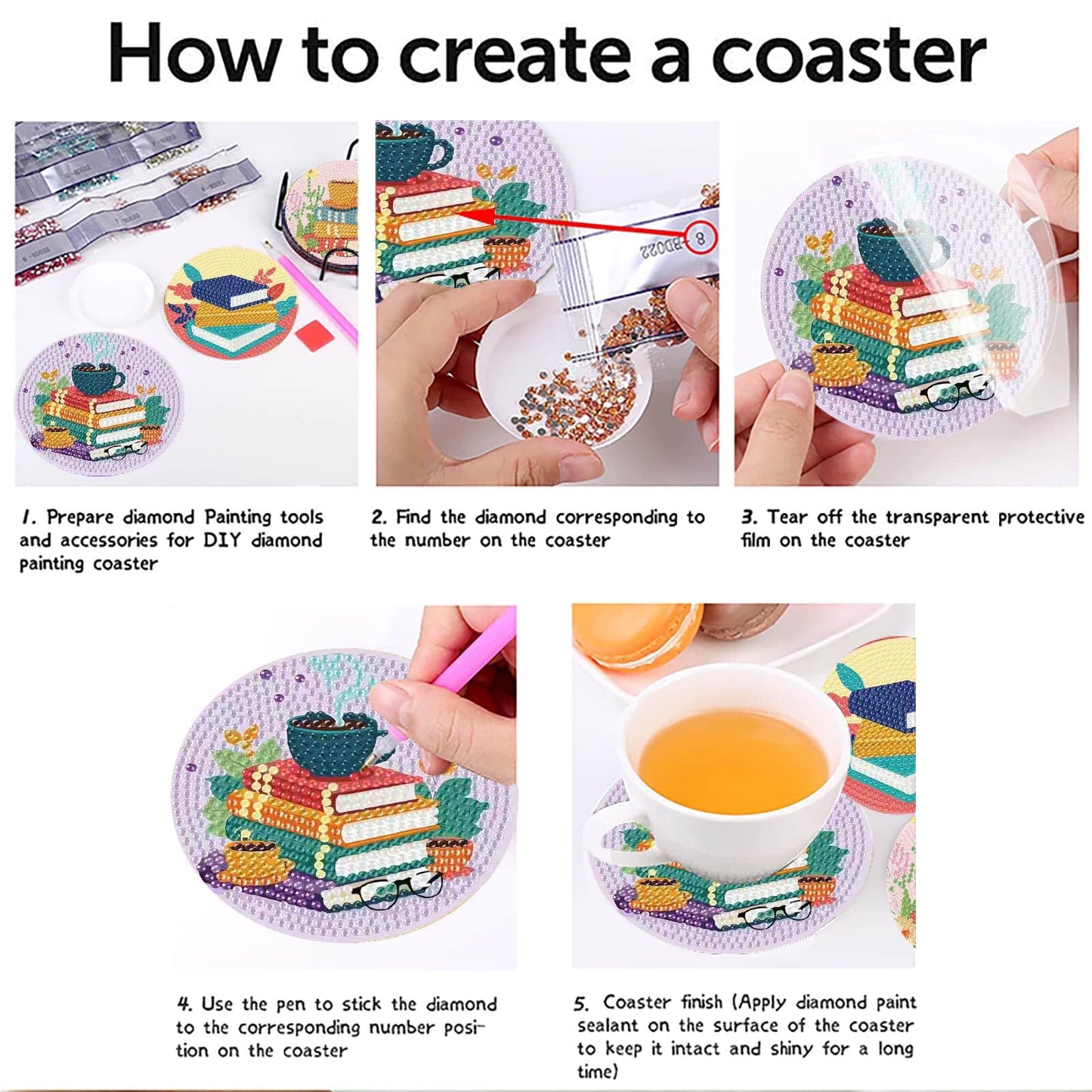 8 Pcs Book Diamond Art Coasters Kit - DIY 5D Diamond Painting Coasters with Holder, Mini Diamonds Arts Kits for Adults Coaster with Cork Pads, Gem Arts Dots Painting Crafts Supplies for Home Decor