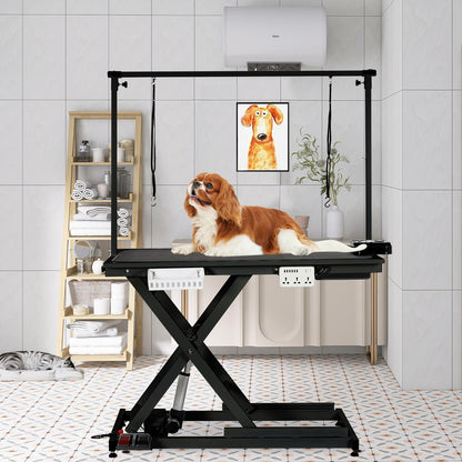50 in Dog Grooming Table, Electric Hydraulic Grooming Table with Aluminium Overhead Arm, Anti Slip Tabletop, 6 USB Ports for Large Dogs At Home and Salon, Maximum Capacity Up to 300 LB, Black