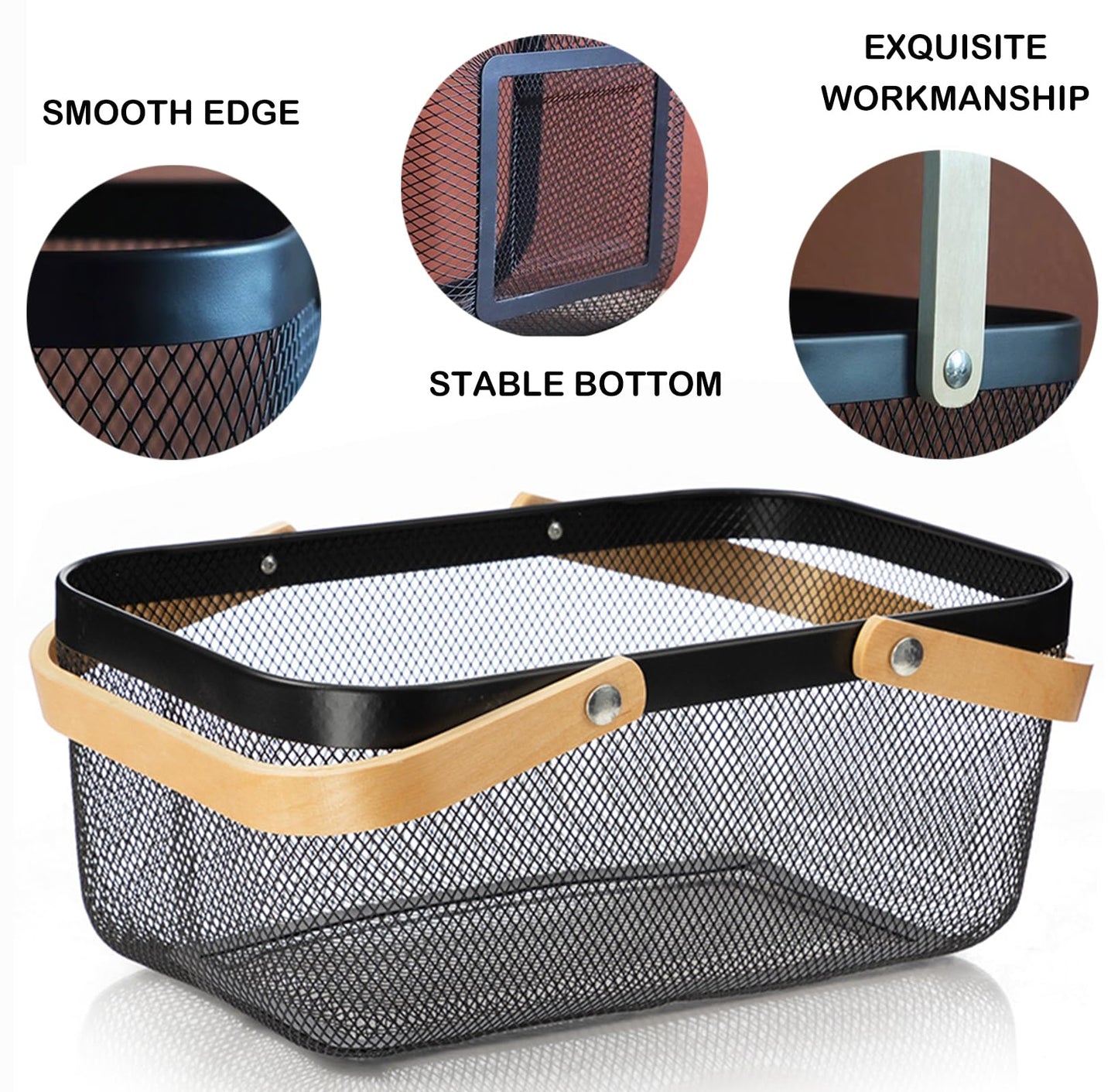 Cheardia 2 Pack Picnic Baskets, Metal Mesh Harvest Basket with Foldable Wooden Handle, Rectangle Garden Storage Basket Bin for Vegetable Fruit Garden Kitchen Cabinet Picking Gathering