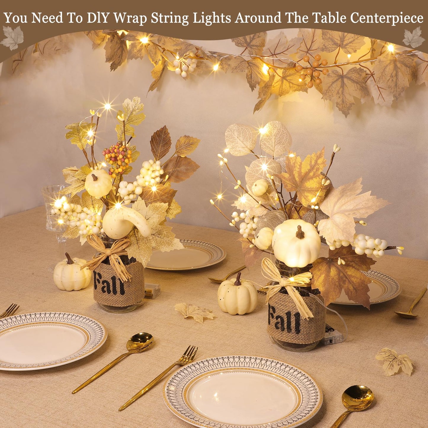 2 Pack 13.5 Inch Fall Decorations Fall Table Decor, Mason Jar with Maple Leafed Pumpkins Berried 20 LED Lights Timer Thanksgivings Fall Centerpieces for Dinner Table Kitchen Bathroom Office Home Decor