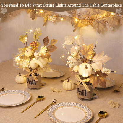 2 Pack 13.5 Inch Fall Decorations Fall Table Decor, Mason Jar with Maple Leafed Pumpkins Berried 20 LED Lights Timer Thanksgivings Fall Centerpieces for Dinner Table Kitchen Bathroom Office Home Decor