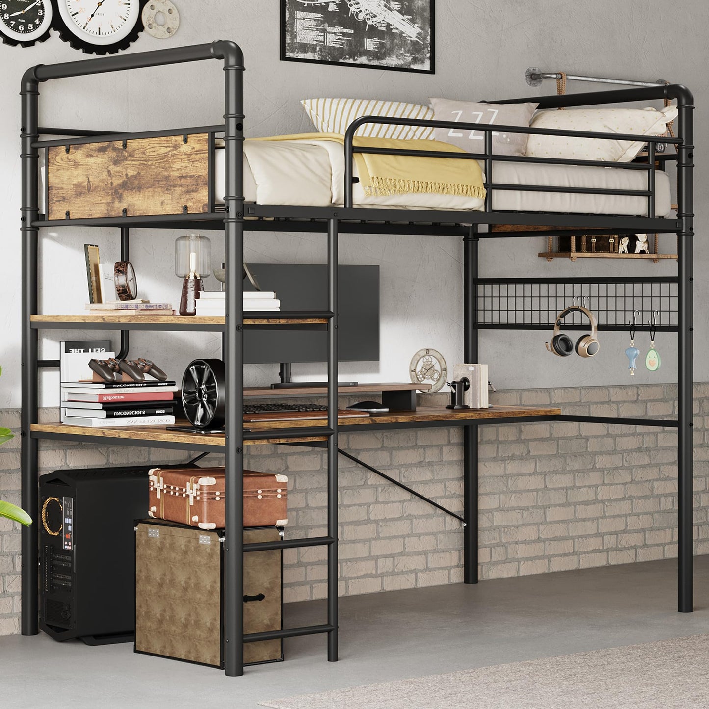 IDEALHOUSE Loft Bed Twin Size with l-Shaped Desk, Metal Bunk Bed with 2 Open Shelves and Decorative Mesh, Twin Loft Bed with 13.4" h Safety Guard & Ladder,No Box Spring Needed,Brown