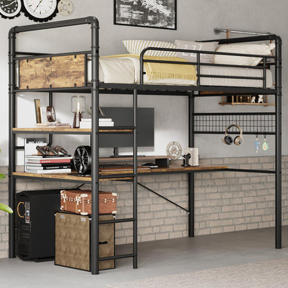 IDEALHOUSE Loft Bed Twin Size with l-Shaped Desk, Metal Bunk Bed with 2 Open Shelves and Decorative Mesh, Twin Loft Bed with 13.4" h Safety Guard & Ladder,No Box Spring Needed,Brown