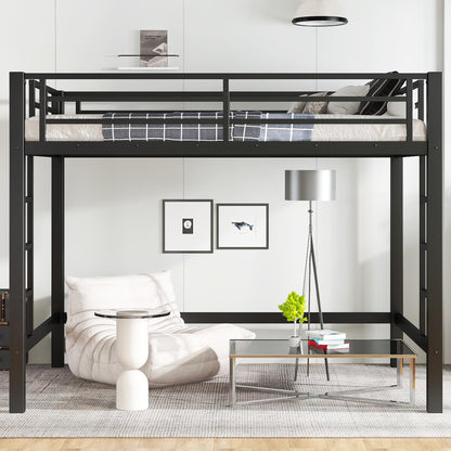 KEIKI Queen Loft Bed with Climbing Ladder for Adults，Heavy Duty Bunk Beds with Guardrails, Metal Bedframe for Bedroom, Black
