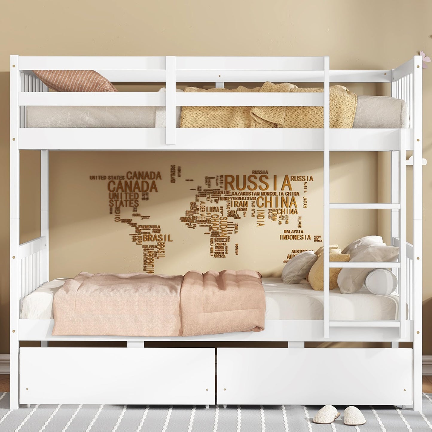 MERITLINE Wood Bunk Bed with Drawers, Convertible Bunk Bed with Ladders and Two Storage Drawers, Solid Wood Detachable Bedframe with Guardrails, Twin Over Twin, White