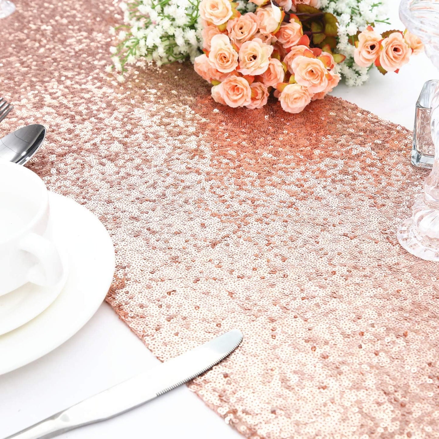 PartyDelight 12" X 72" Rose Gold Sequin Table Runner for Wedding Party Bridal Baby Shower Events