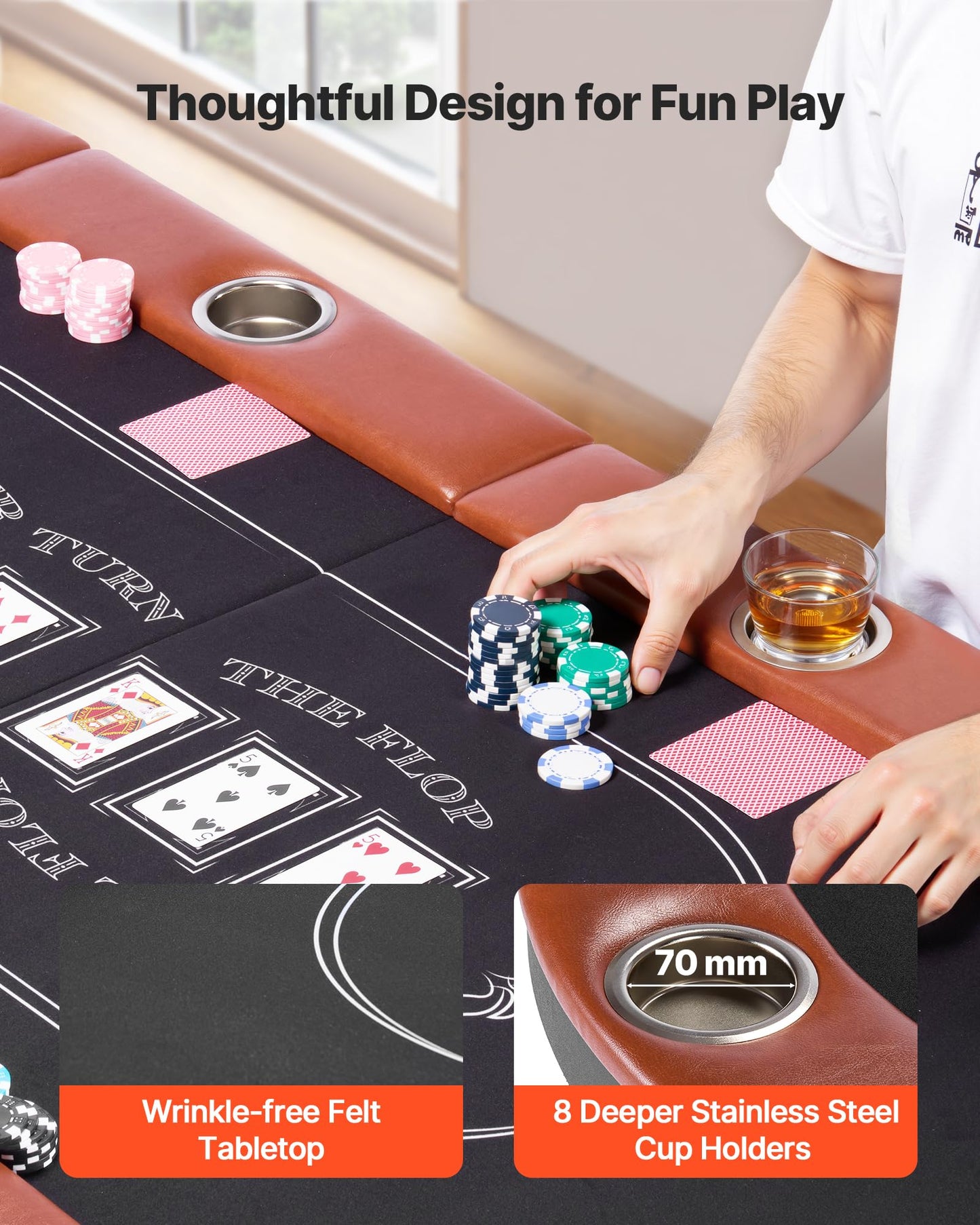 VEVOR Foldable Poker Table, 8 Player 72 in Folding Casino Leisure Table with Padded Rails and Cup Holders, Oval Portable Game Tables with Felt & Metal Legs, for Texas Hold'em Game and Blackjack