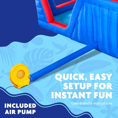 Sunny & Fun Four Corner Inflatable Water Slide Park – Heavy-Duty for Outdoor Fun - Climbing Wall, Slide & Deep Pool – Easy to Set Up & Inflate with Included Air Pump & Carrying Case