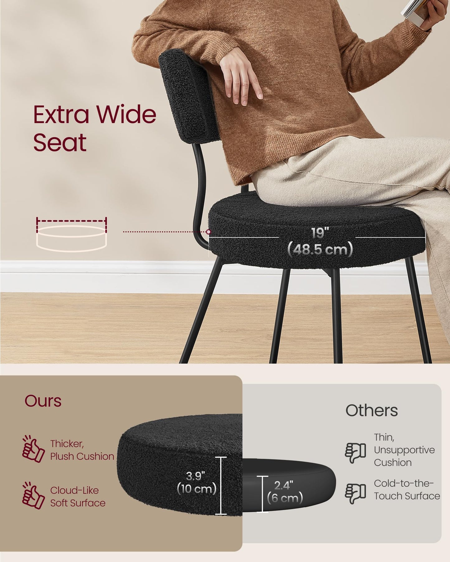 VASAGLE Boucle Dining Chairs Set of 4, Upholstered Kitchen Dining Room Chairs with Curved Backrest and Steel Frame, Modern Mid Century, Round, for Vanity, Living Room, Ink Black UKDC110B14
