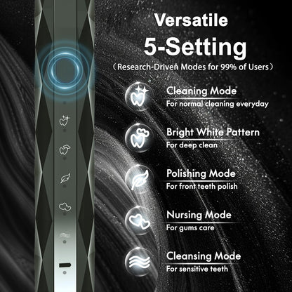 Sonic Electric Toothbrush for Adults and Kids, Comes with 10 Brush Heads & Travel Case, 5 Modes with 2 Minutes Built in Smart Timer, One Charge for 90 Days, 42,000 VPM Motor (Black)
