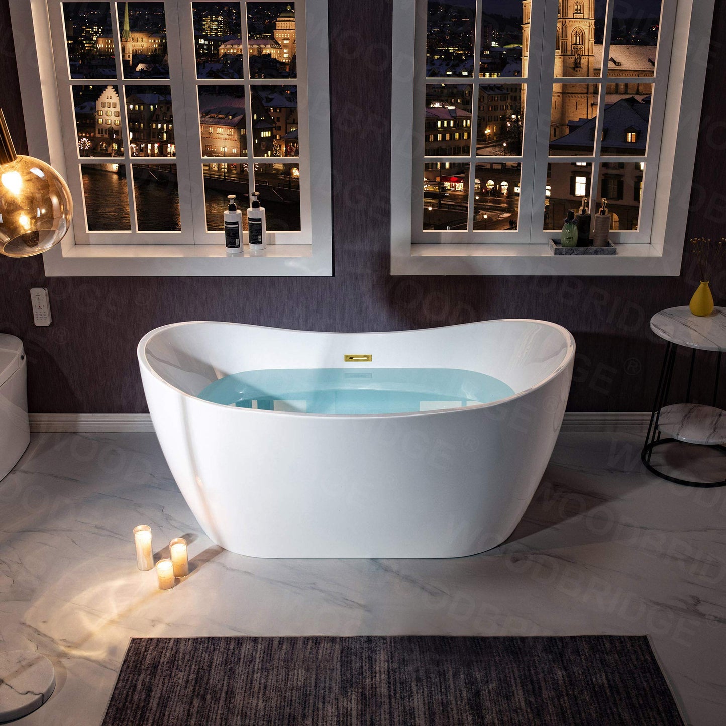 WOODBRIDGE 59" Acrylic Freestanding Bathtub Contemporary Soaking White Tub with Brushed Gold Overflow and Drain,BTA1516 BG