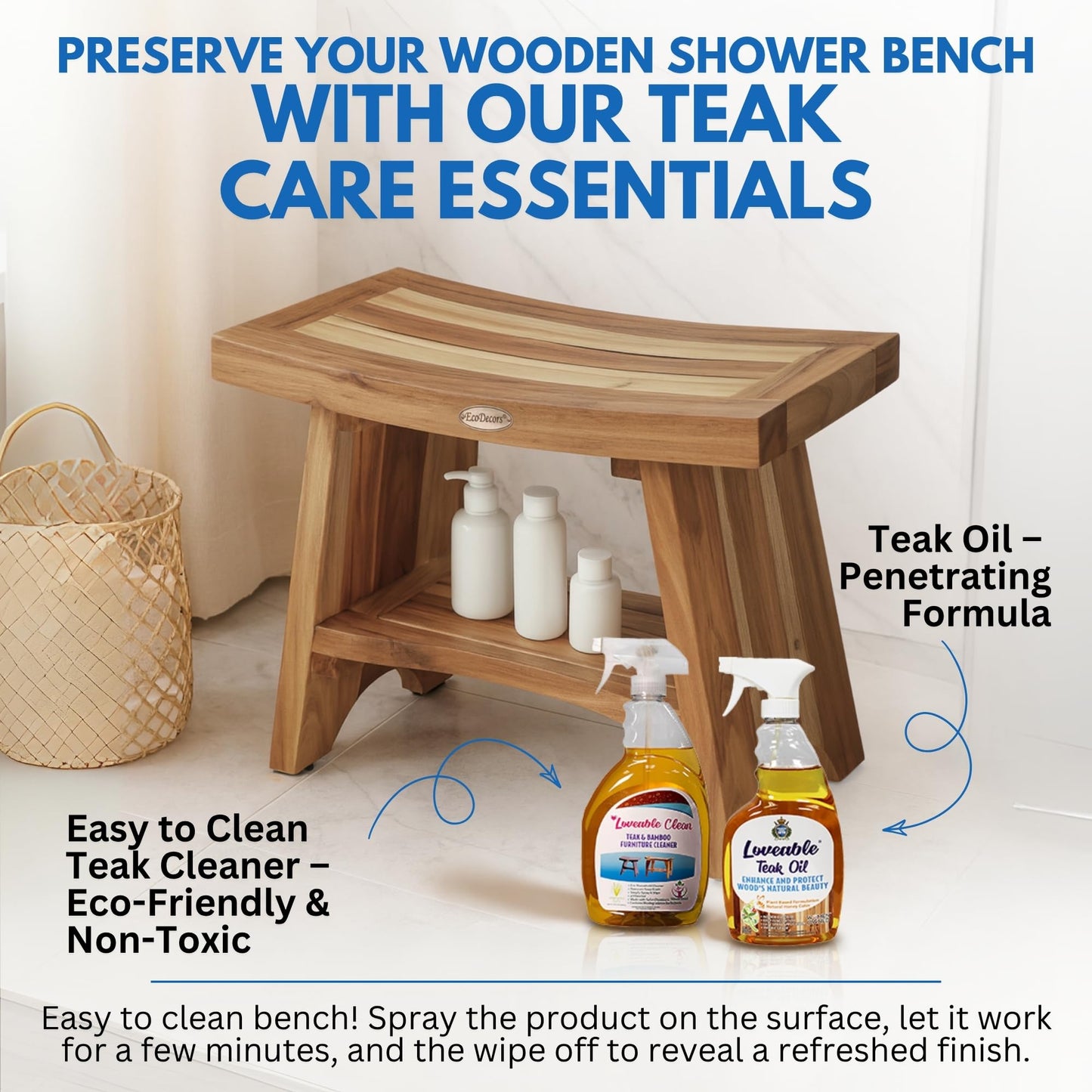 EcoDecors 24 Inch Serenity Teak Shower Bench – Waterproof Bathroom Seat with Large Storage Shelf For Adults & Seniors | Spa-Style Teak Wood Stool with Non-Slip Feet, Elegant Finish, 300 Pound Capacity