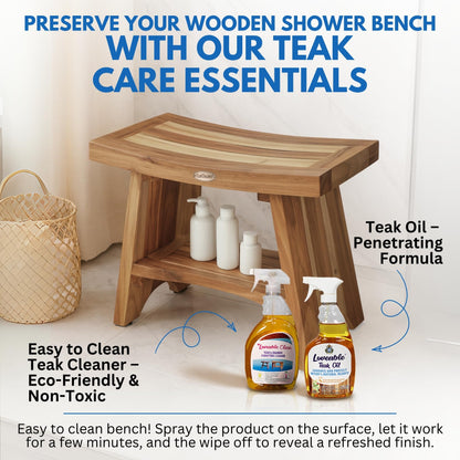 EcoDecors 24 Inch Serenity Teak Shower Bench – Waterproof Bathroom Seat with Large Storage Shelf For Adults & Seniors | Spa-Style Teak Wood Stool with Non-Slip Feet, Elegant Finish, 300 Pound Capacity