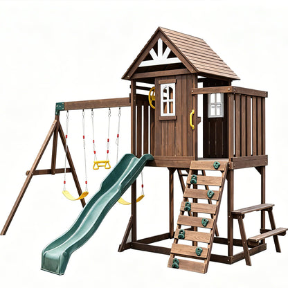 Wooden Swing Set with 2 Swings, Wave Slide, Play Deck, Climbing Wall & Trapeze Rings - Outdoor Backyard Playset for Kids - Heavy Duty Wooden Jungle Gym