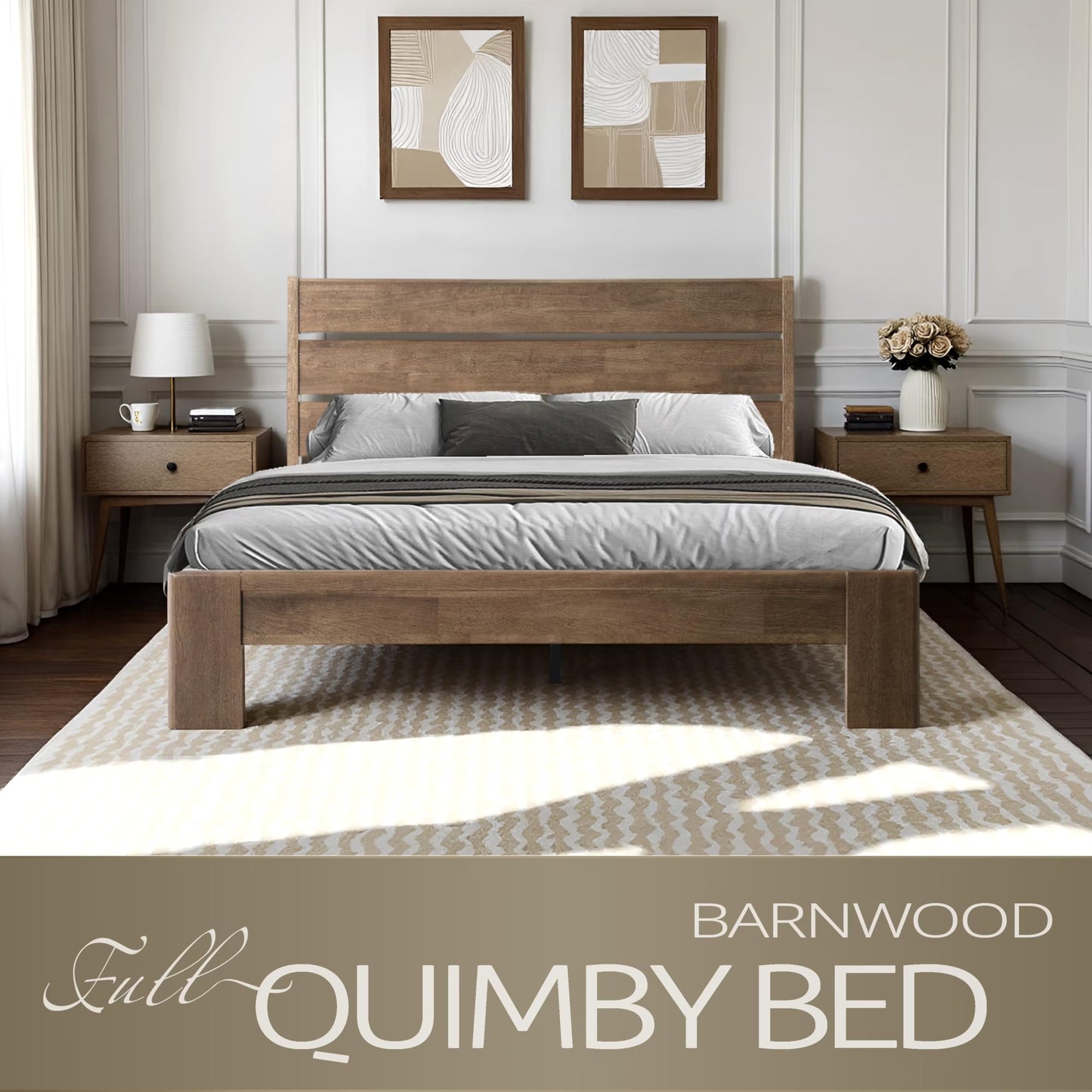 Full Size Solid Wood Platform Bed Frame, Headboard & Footboard, 12 Heavy-Duty Slatted Design, Center Metal Legs, Easy Assembly, No Box Spring Needed, Anti-Noise & Slip-Free, Barnwood Finish QIF-30
