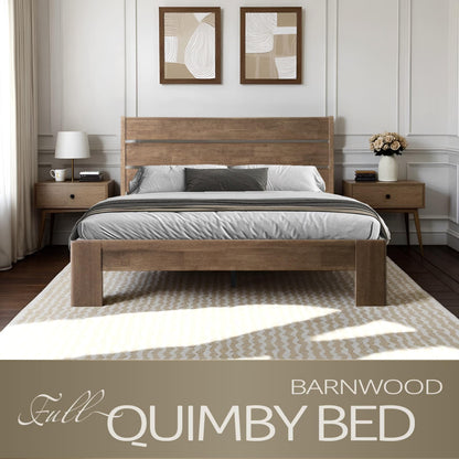 Full Size Solid Wood Platform Bed Frame, Headboard & Footboard, 12 Heavy-Duty Slatted Design, Center Metal Legs, Easy Assembly, No Box Spring Needed, Anti-Noise & Slip-Free, Barnwood Finish QIF-30