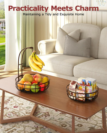 Sevenblue 2 Tier Large Fruit Basket for Kitchen Counter with Removable Banana Hanger - Sturdy Iron Fruit Bowl for Kitchen Counter and Vegetable Holder, Brown, Extra Large