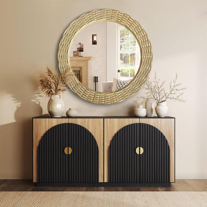 WAMIRRO Gold Round Wood Mirror, 36 Inch Hand Carved Solid Wood Frame Circle Mirror for Wall Mount, Farmhouse Boho Decor for Living Room, Bathroom, Bedroom, Hallway & Entryway