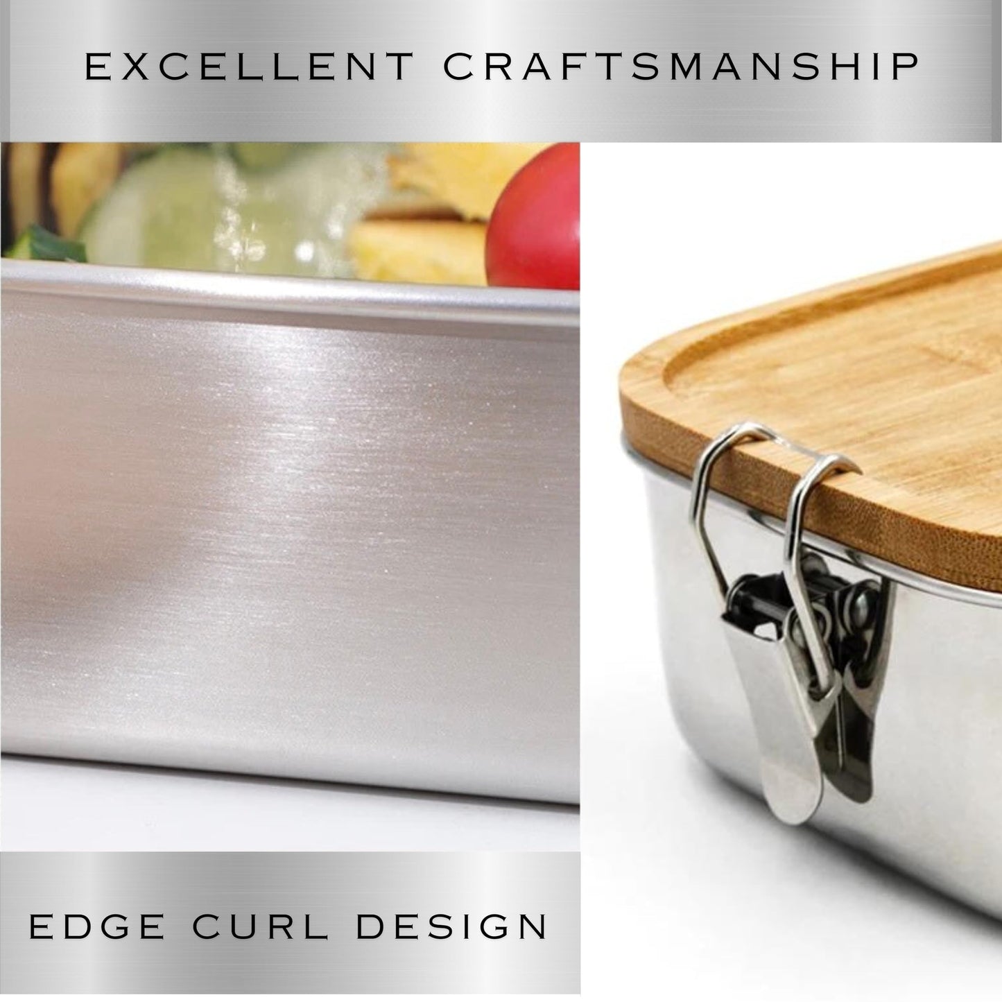 Bambuood Premium Stainless Steel Bento Lunch Box. Eco-Friendly Meal Storage, Food Container With 100% Leak-Proof Bamboo Lid. For Adults, Work, Travel Use. Free Bamboo Cutlery. LARGE (41 oz)