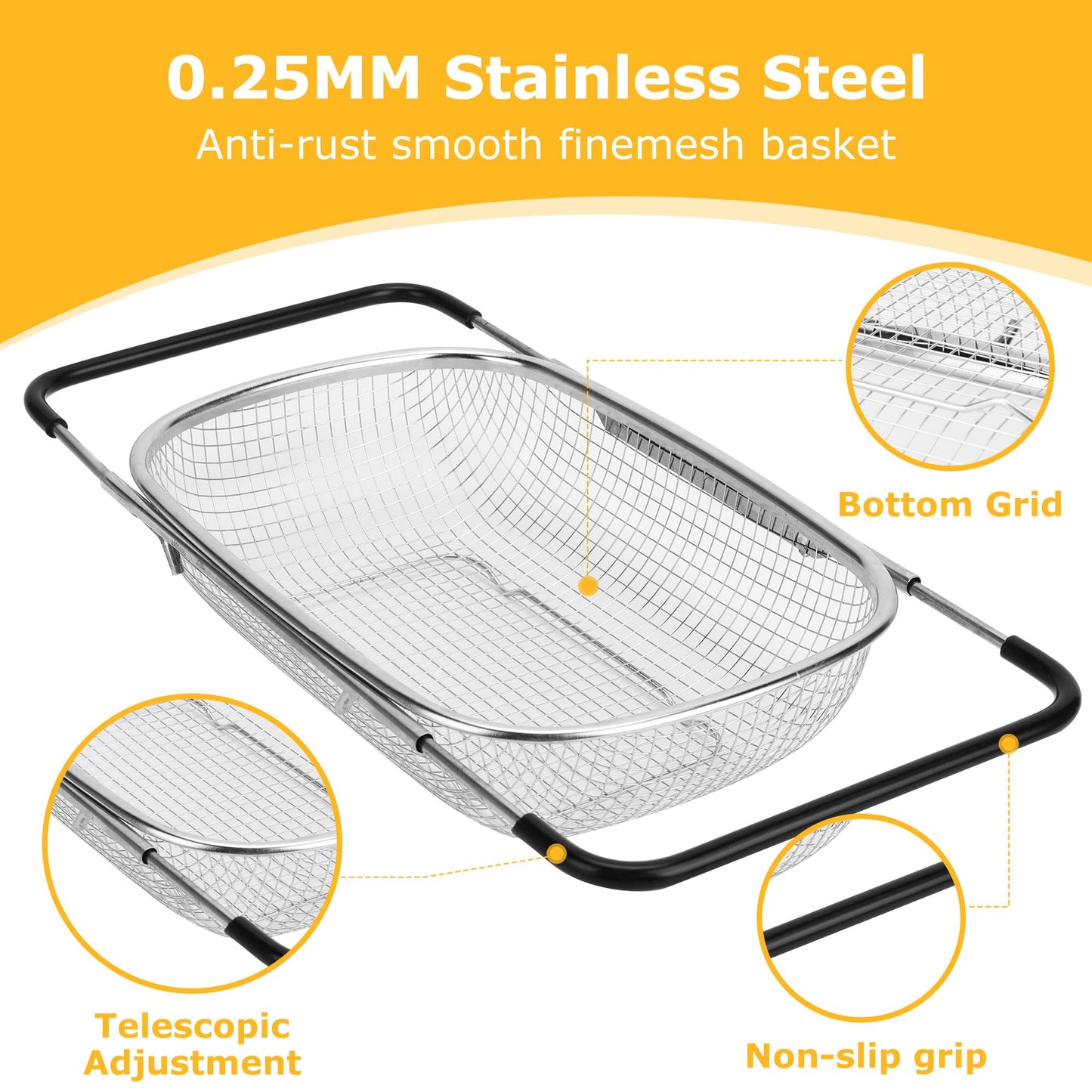 ZDRongZhen Kitchen Accessories Over the Sink Colander Strainer Basket，Stainless Steel Colander with Expandable Rubber Grip Sink Drainer-Rinse Vegetables Fruits &Strain&Drain (Large-Dense round hole)