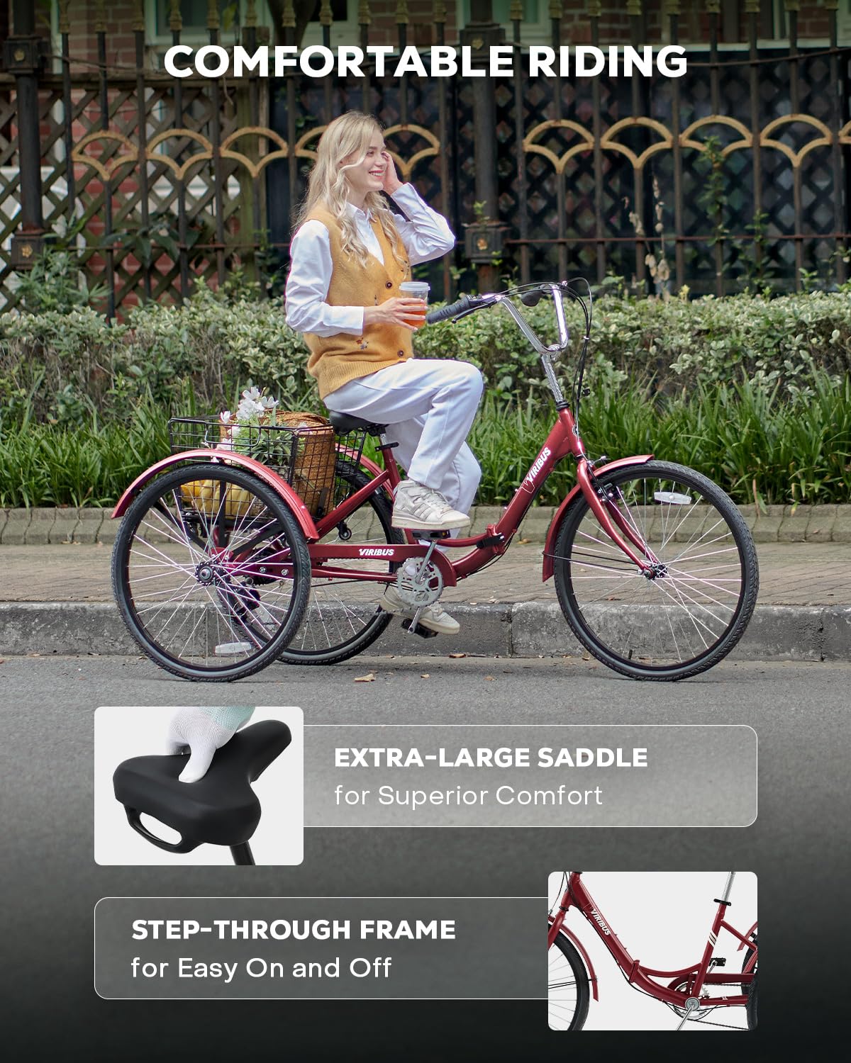 VIRIBUS Folding Tricycle for Adults, 7 Speed Folding Adult Tricycle with Detachable Wheeled Basket, Foldable 3 Wheel Bikes for Adults Women Female Seniors, Collapsible Trike, 24 inch Red, 330 lb.