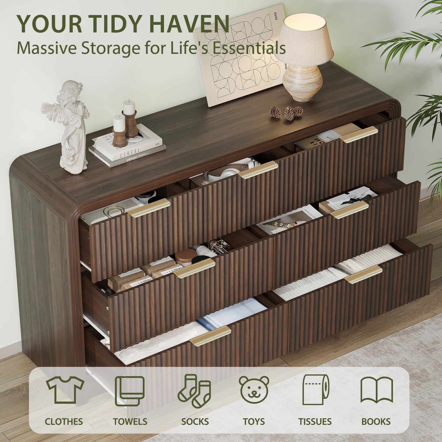 Decofy Fluted Drawers Dresser for Bedroom, Wood Dressers with Gold Handles, Modern Dressers with Wave Texture, Large Storage Chest of Drawers, Bedroom Dresser Organizer 55'' & 7 Drawers (Walnut)