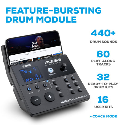Alesis Nitro Max Kit Compact Electric Drum Kit with Quiet Mesh Pads, 10" Dual-Zone Snare, Bluetooth, 440+ BFD Sounds, Drumeo, USB MIDI, Kick Pedal