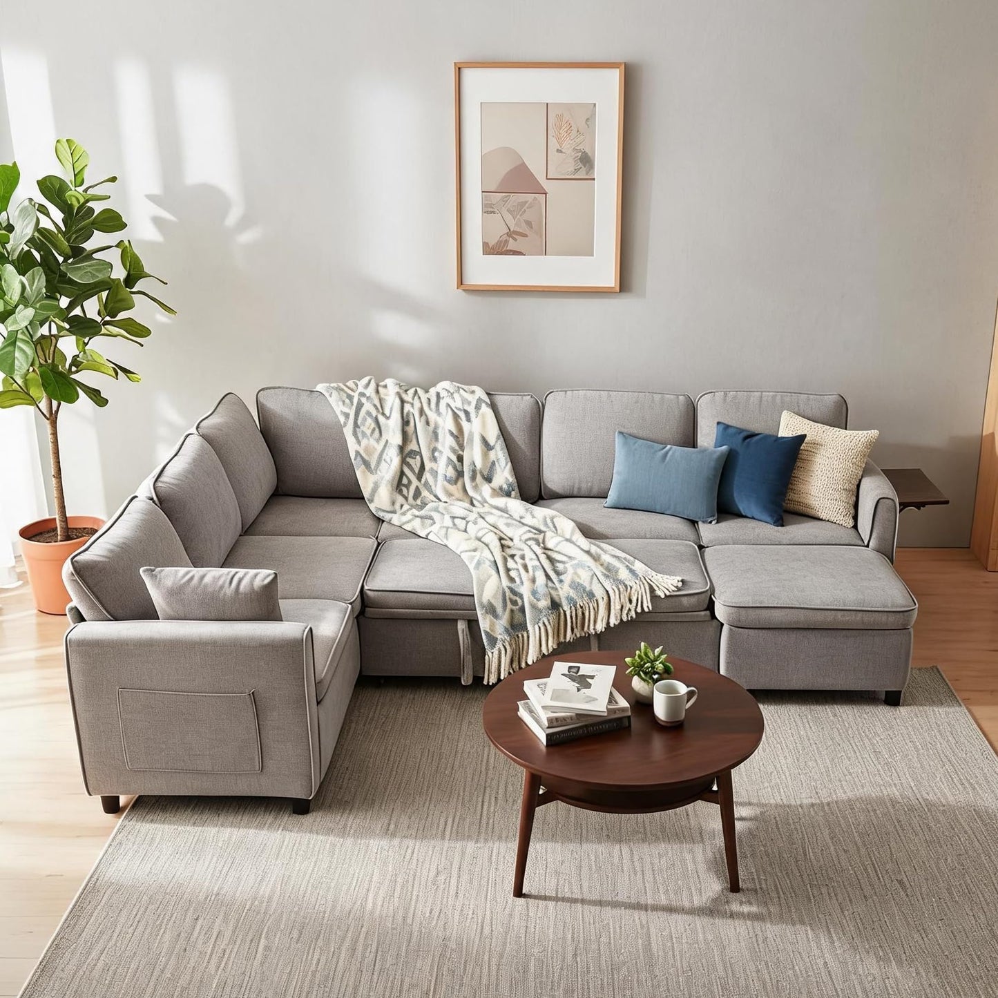 Modular Sectional Sleeper Sofa with Pull Out Bed, 116" Large U Shaped 7 Seater Sectional Couches with Ottoman, Charging Port & Foldable Side Table, Comfy Chenille Cloud Sofas for Living Room, Grey